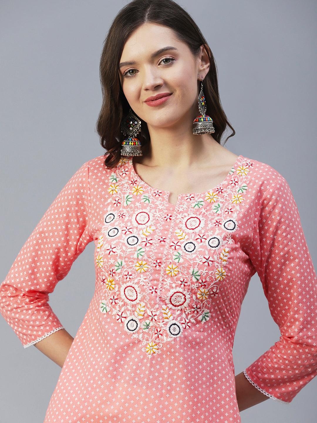 Ethnic Khari Printed & Chikankari Embroidered Straight Kurta - Peach - Indiakreations