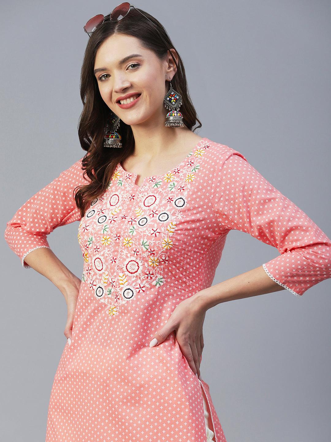 Ethnic Khari Printed & Chikankari Embroidered Straight Kurta - Peach - Indiakreations