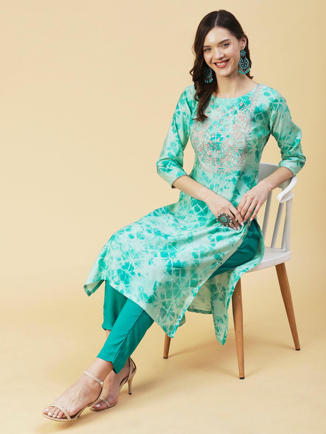 Abstract Printed Zari & Resham Embroidered Kurta - Turquoise Blue - Indiakreations