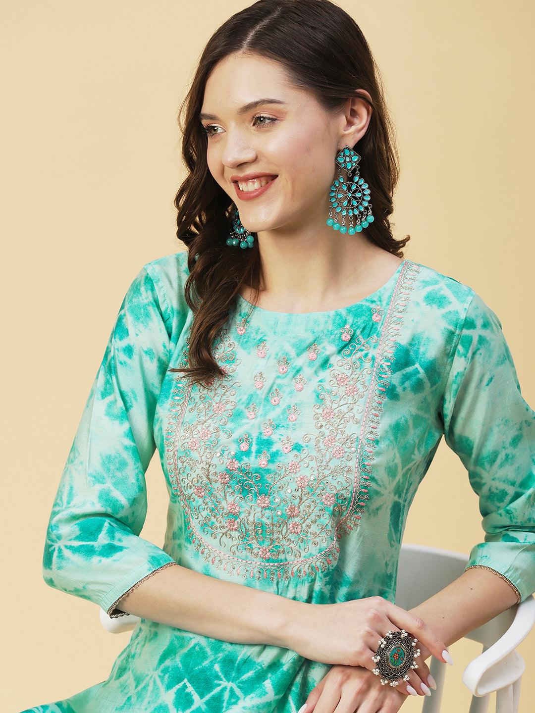 Abstract Printed Zari & Resham Embroidered Kurta - Turquoise Blue - Indiakreations