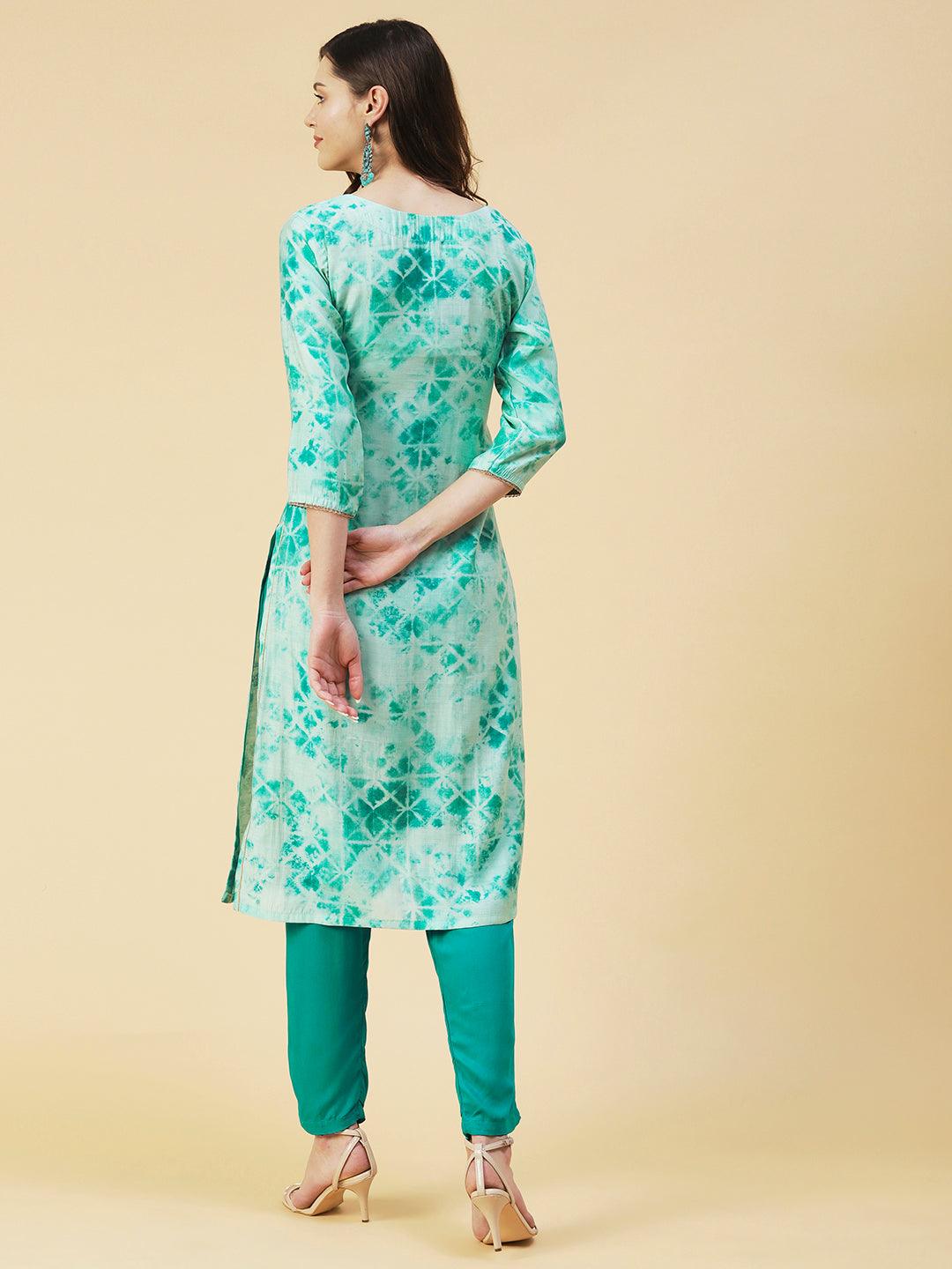 Abstract Printed Zari & Resham Embroidered Kurta - Turquoise Blue - Indiakreations