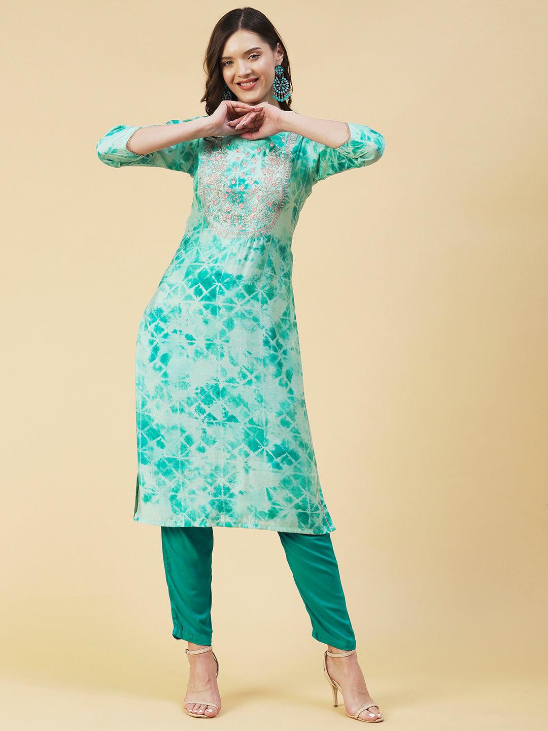 Abstract Printed Zari & Resham Embroidered Kurta - Turquoise Blue - Indiakreations