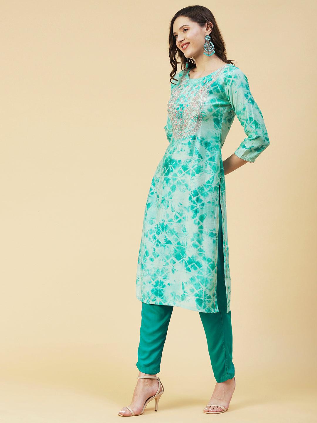 Abstract Printed Zari & Resham Embroidered Kurta - Turquoise Blue - Indiakreations