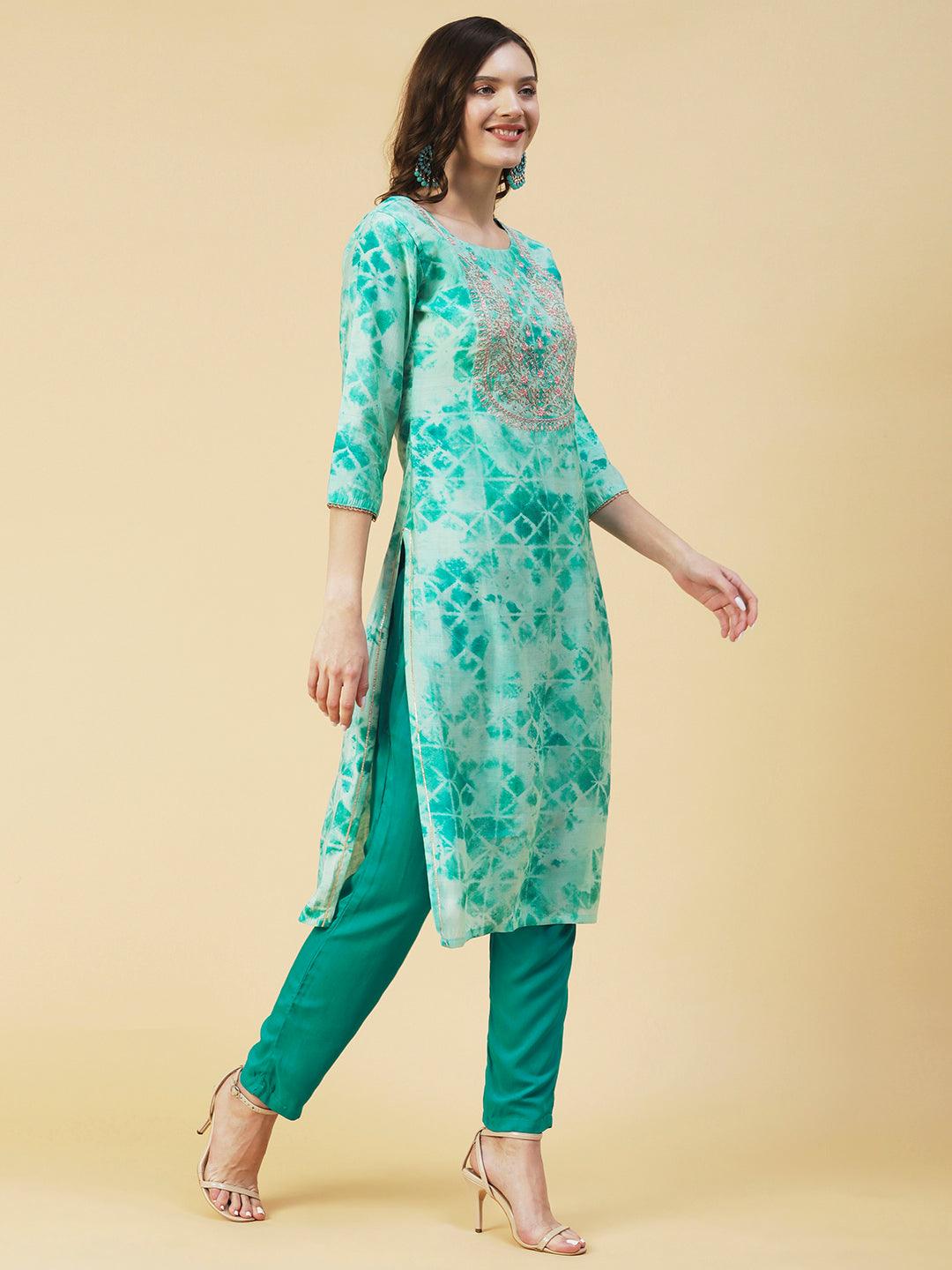 Abstract Printed Zari & Resham Embroidered Kurta - Turquoise Blue - Indiakreations