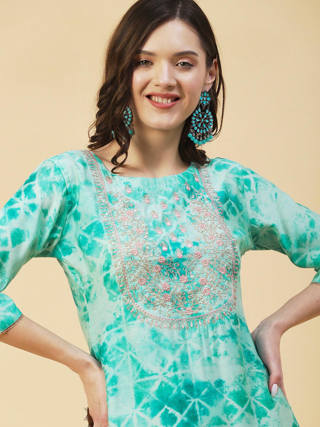 Abstract Printed Zari & Resham Embroidered Kurta - Turquoise Blue - Indiakreations