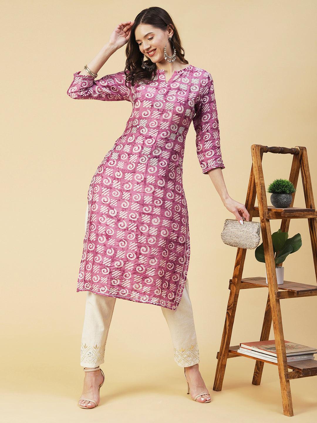 Batik Printed Zari Dori & Mirror Embroidered Kurta - Rose - Indiakreations