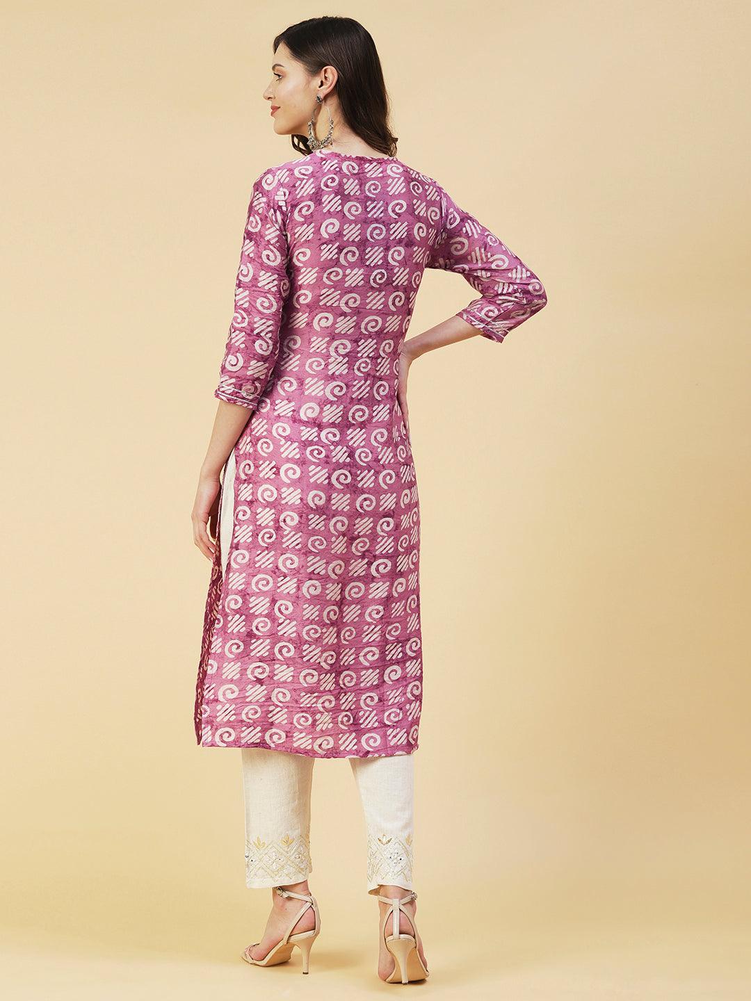 Batik Printed Zari Dori & Mirror Embroidered Kurta - Rose - Indiakreations