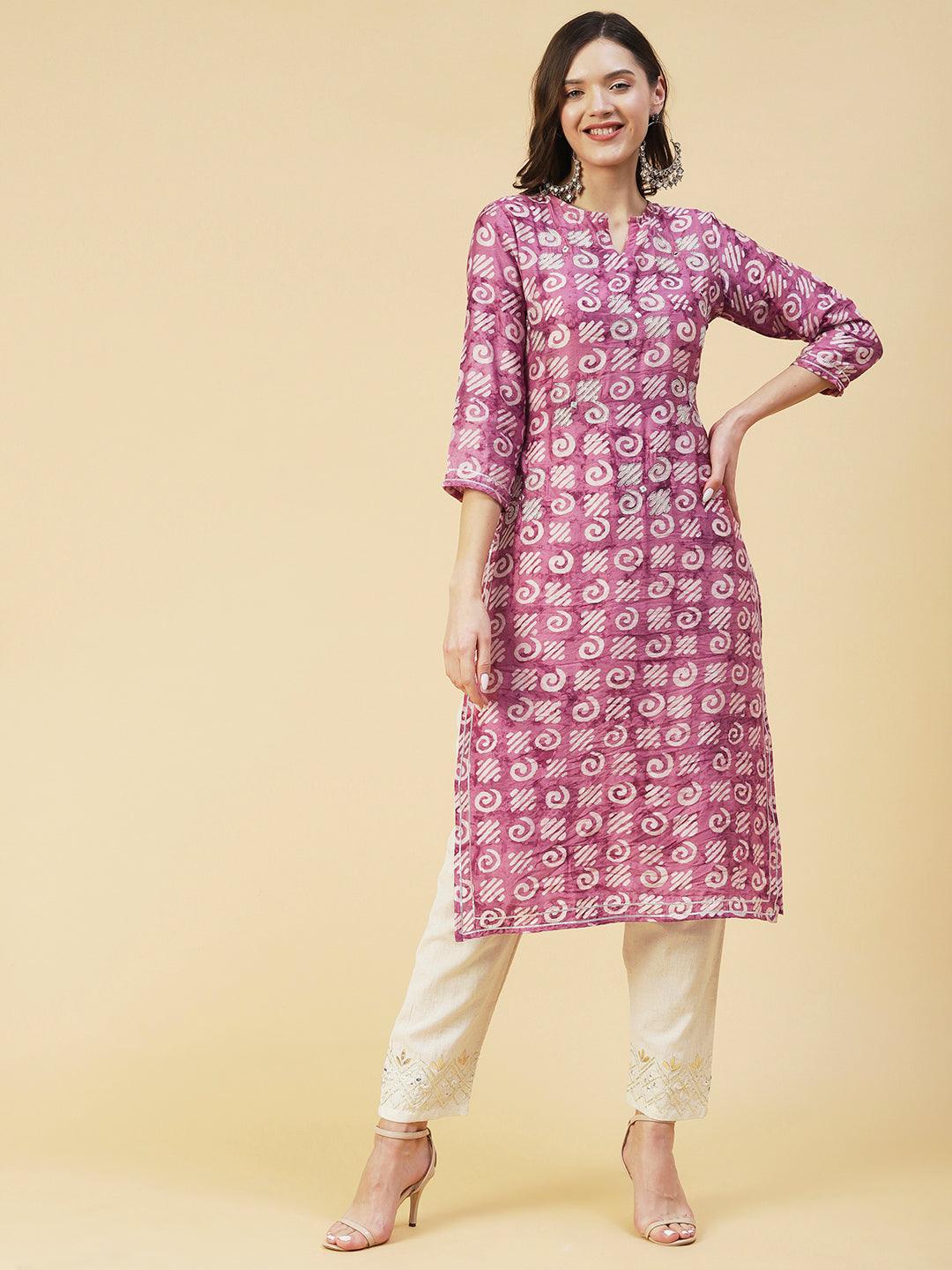 Batik Printed Zari Dori & Mirror Embroidered Kurta - Rose - Indiakreations