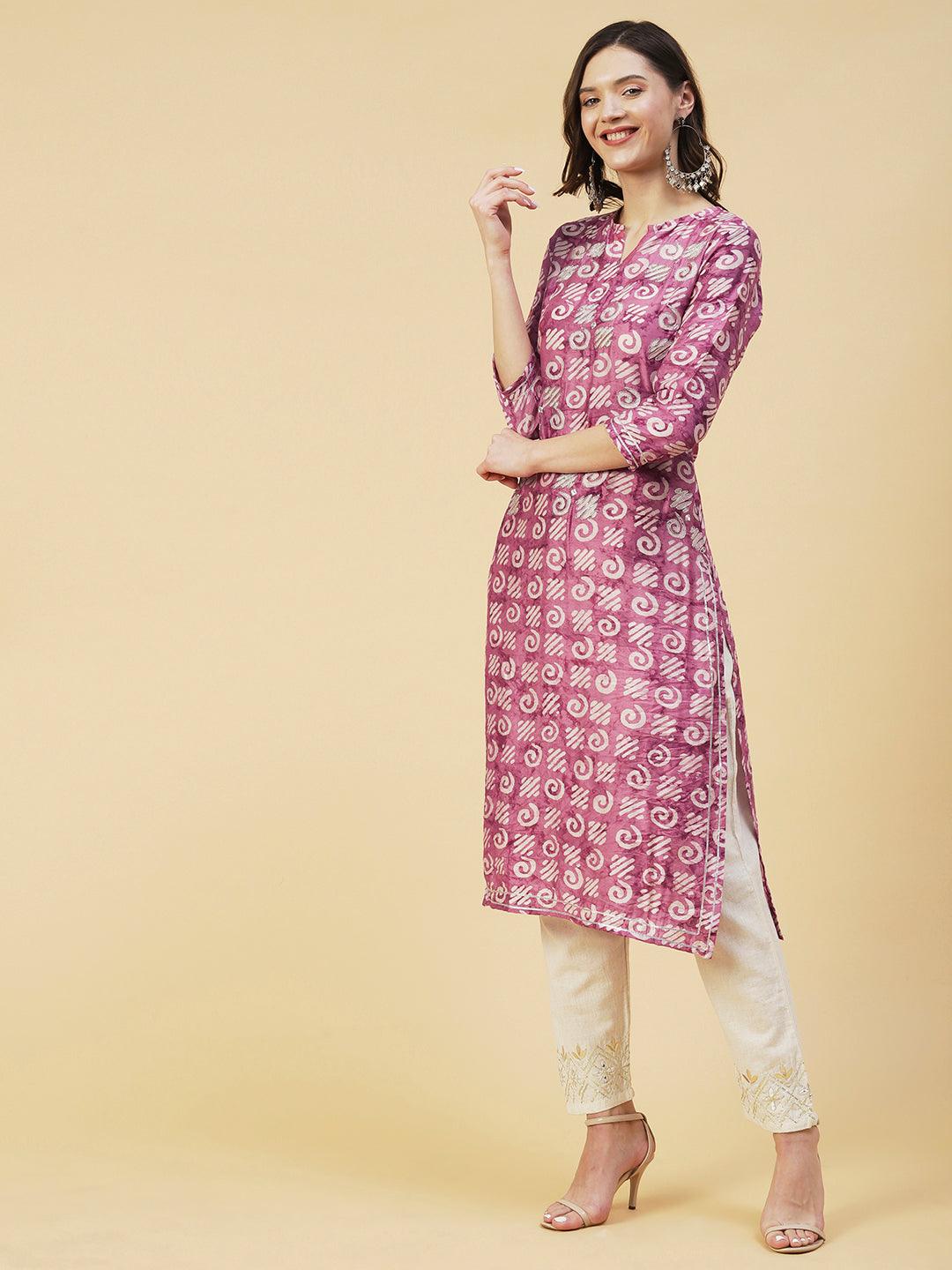 Batik Printed Zari Dori & Mirror Embroidered Kurta - Rose - Indiakreations