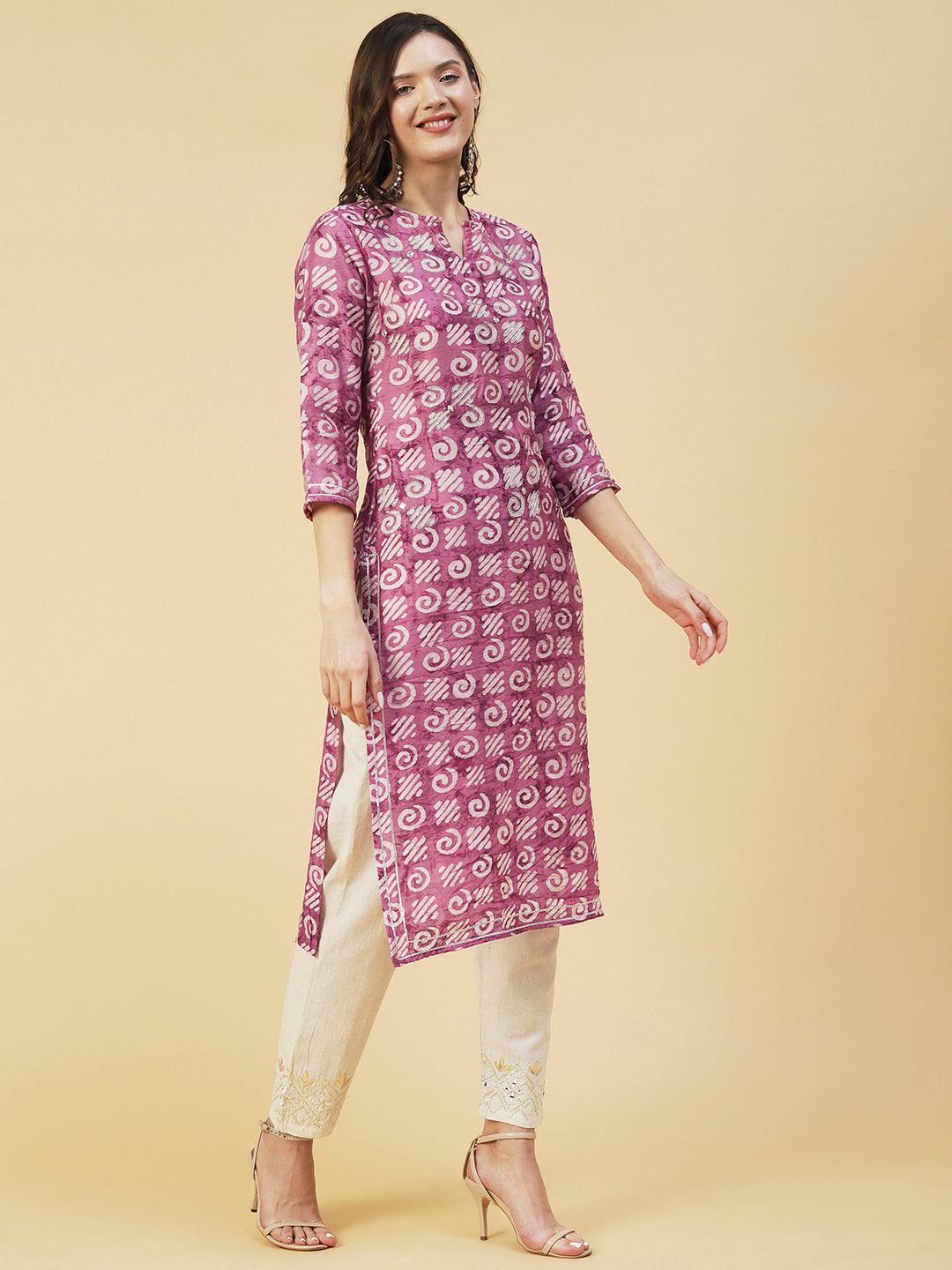 Batik Printed Zari Dori & Mirror Embroidered Kurta - Rose - Indiakreations