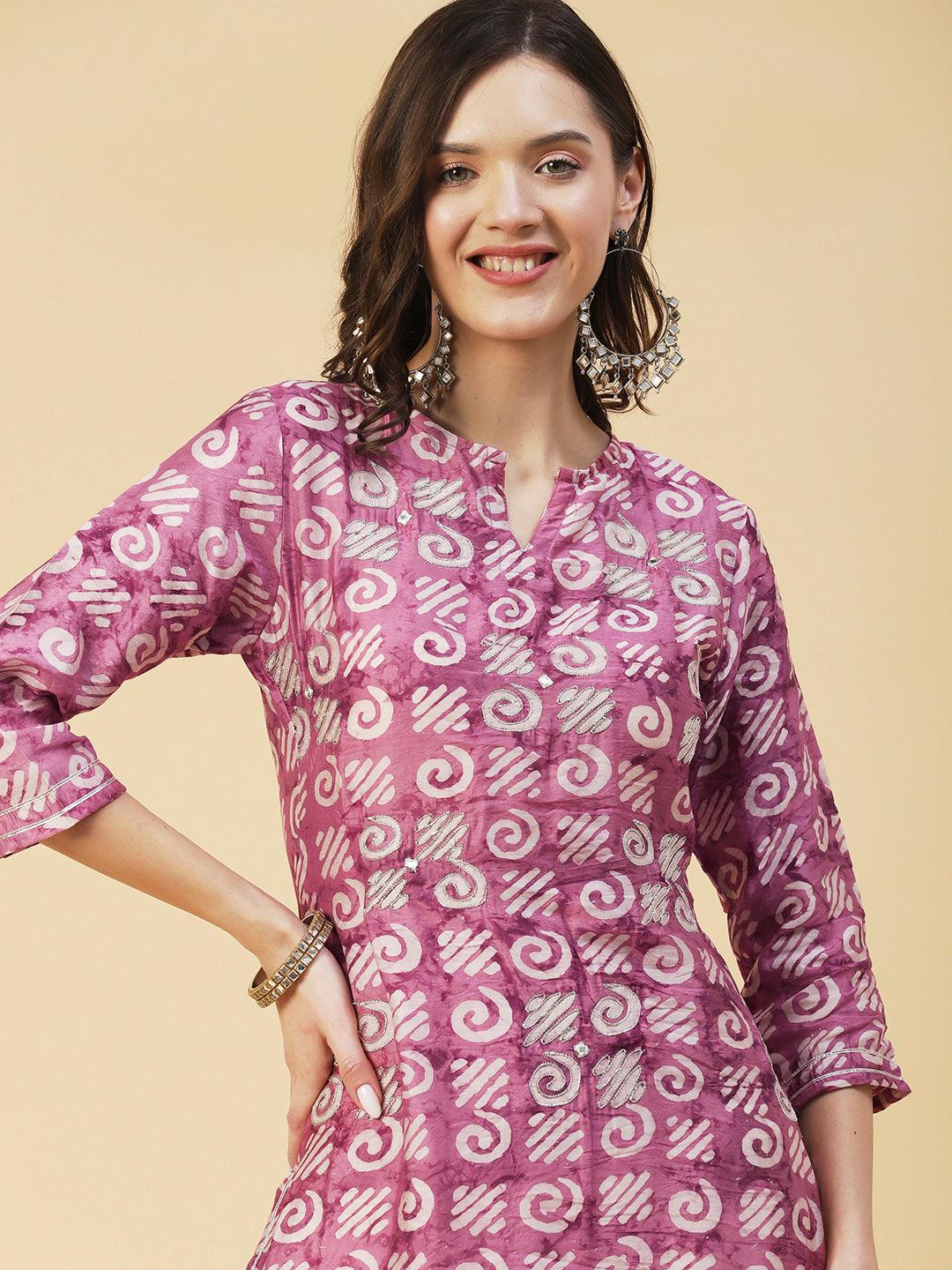 Batik Printed Zari Dori & Mirror Embroidered Kurta - Rose - Indiakreations