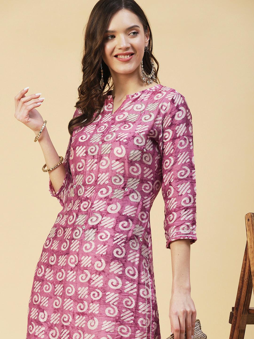 Batik Printed Zari Dori & Mirror Embroidered Kurta - Rose - Indiakreations