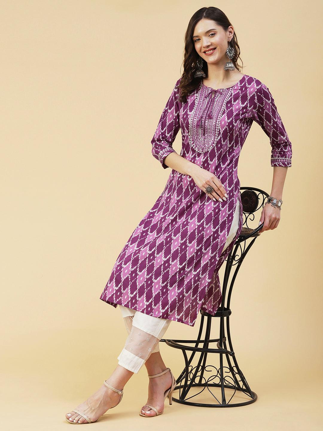 Barfi Jaal Printed Mirror Embroidered Kurta - Mauve - Indiakreations