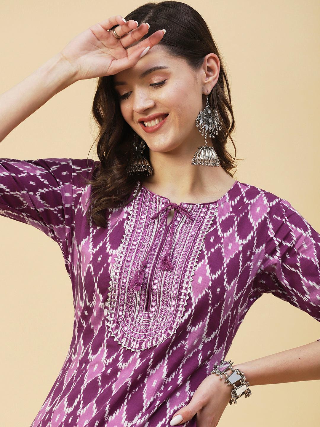 Barfi Jaal Printed Mirror Embroidered Kurta - Mauve - Indiakreations