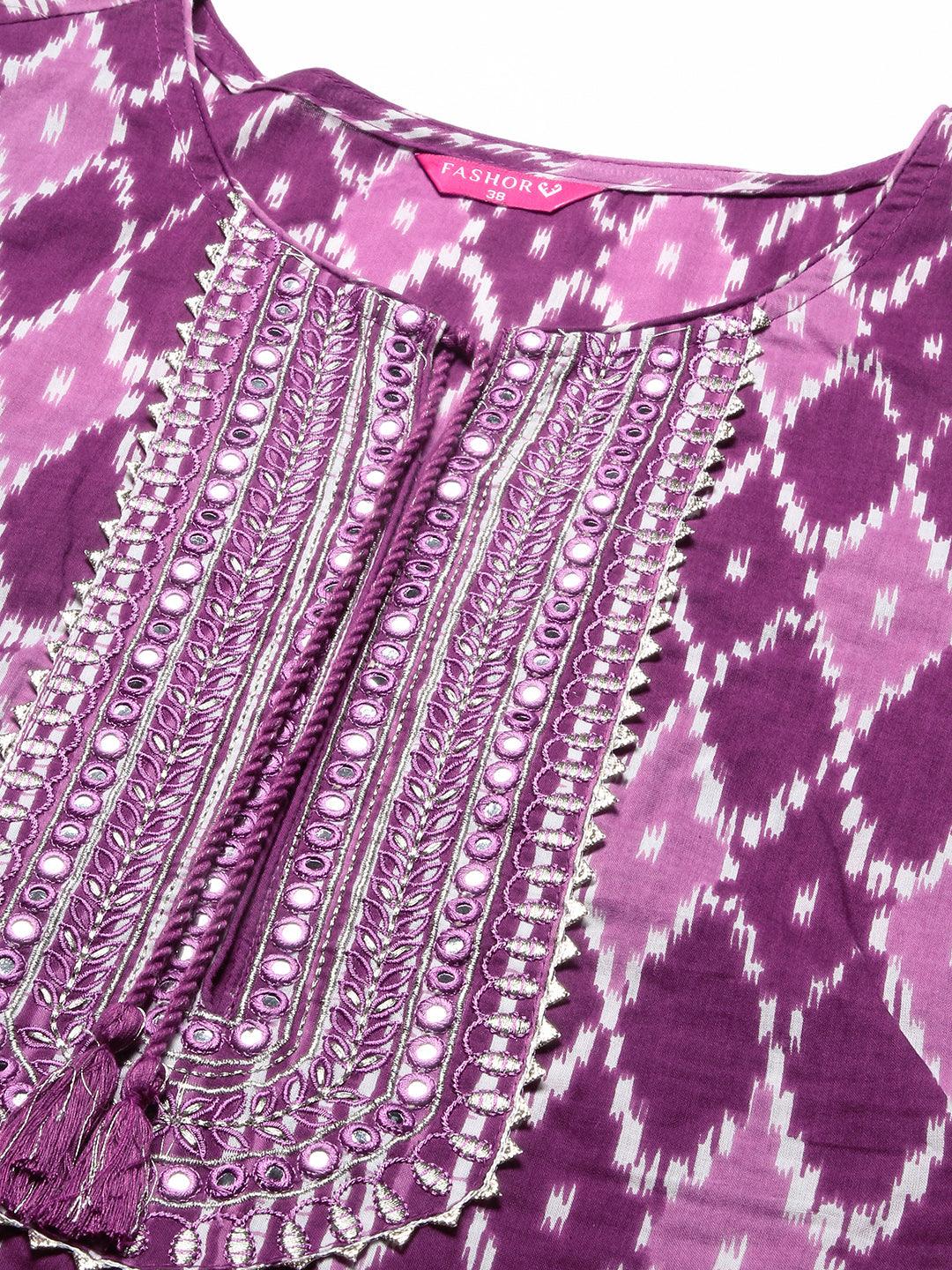 Barfi Jaal Printed Mirror Embroidered Kurta - Mauve - Indiakreations