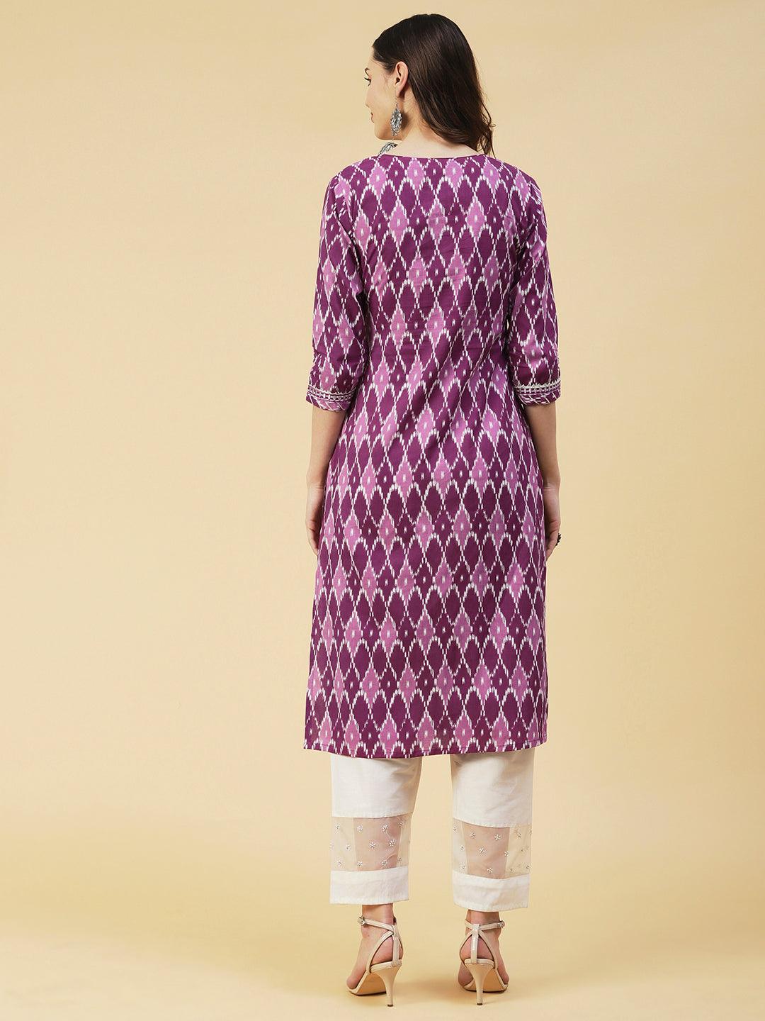 Barfi Jaal Printed Mirror Embroidered Kurta - Mauve - Indiakreations