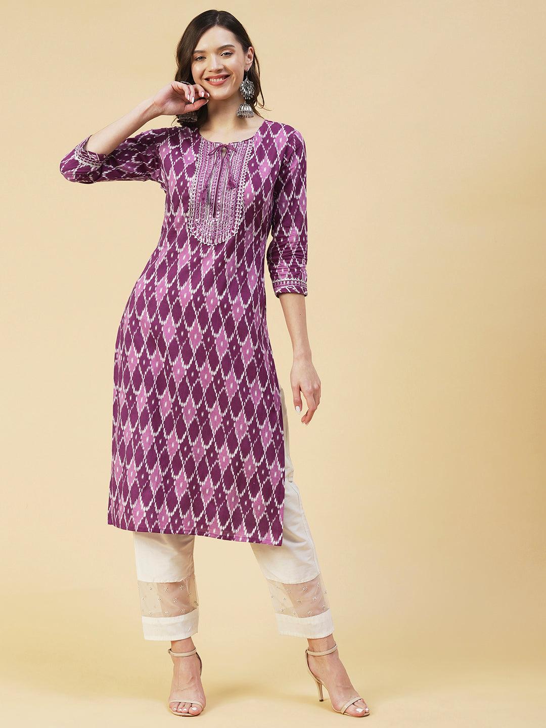 Barfi Jaal Printed Mirror Embroidered Kurta - Mauve - Indiakreations