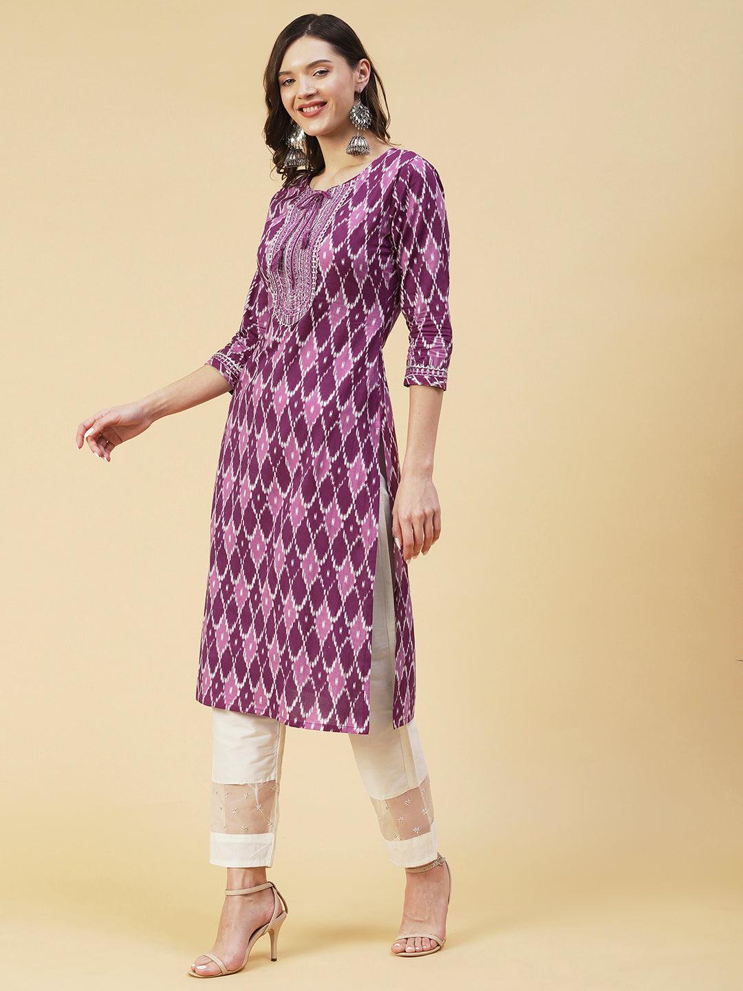 Barfi Jaal Printed Mirror Embroidered Kurta - Mauve - Indiakreations