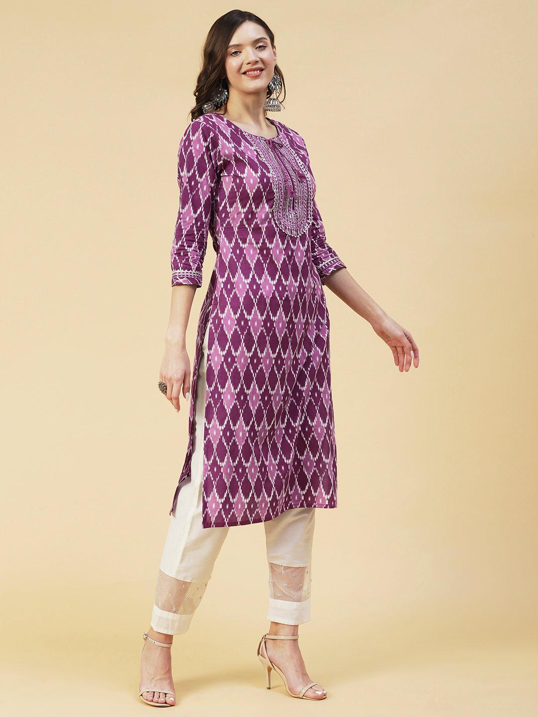 Barfi Jaal Printed Mirror Embroidered Kurta - Mauve - Indiakreations