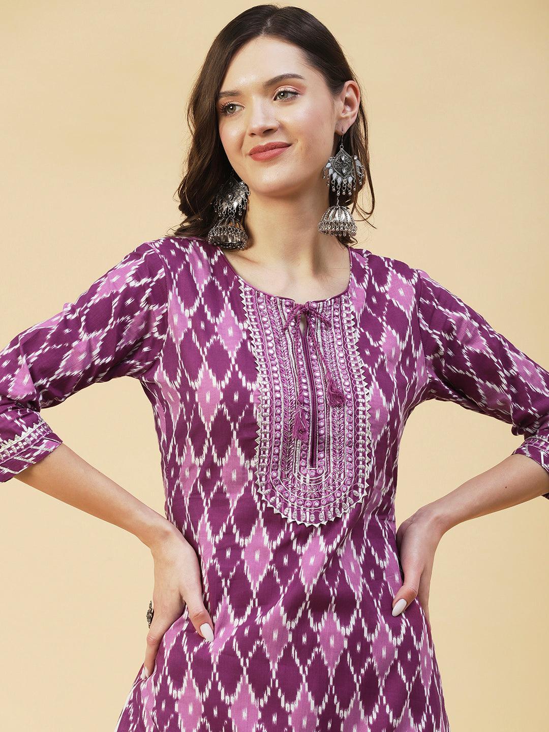 Barfi Jaal Printed Mirror Embroidered Kurta - Mauve - Indiakreations