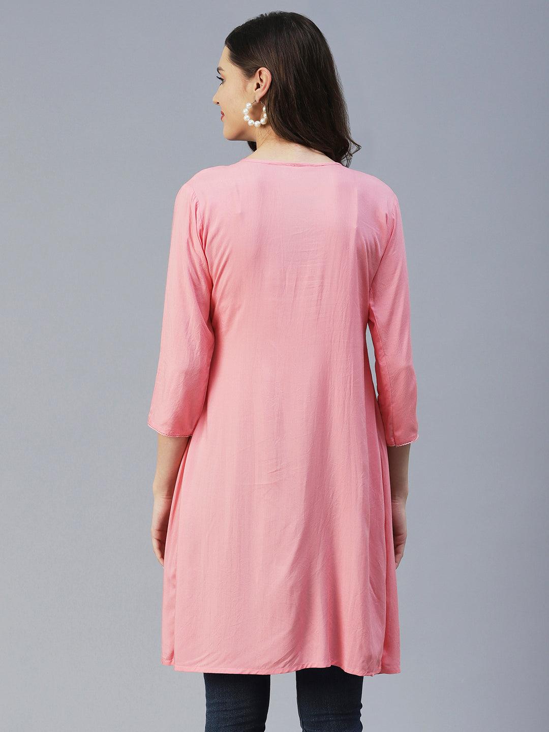 Solid Beads Embroidered Pin Tucks Kurta - Pink - Indiakreations