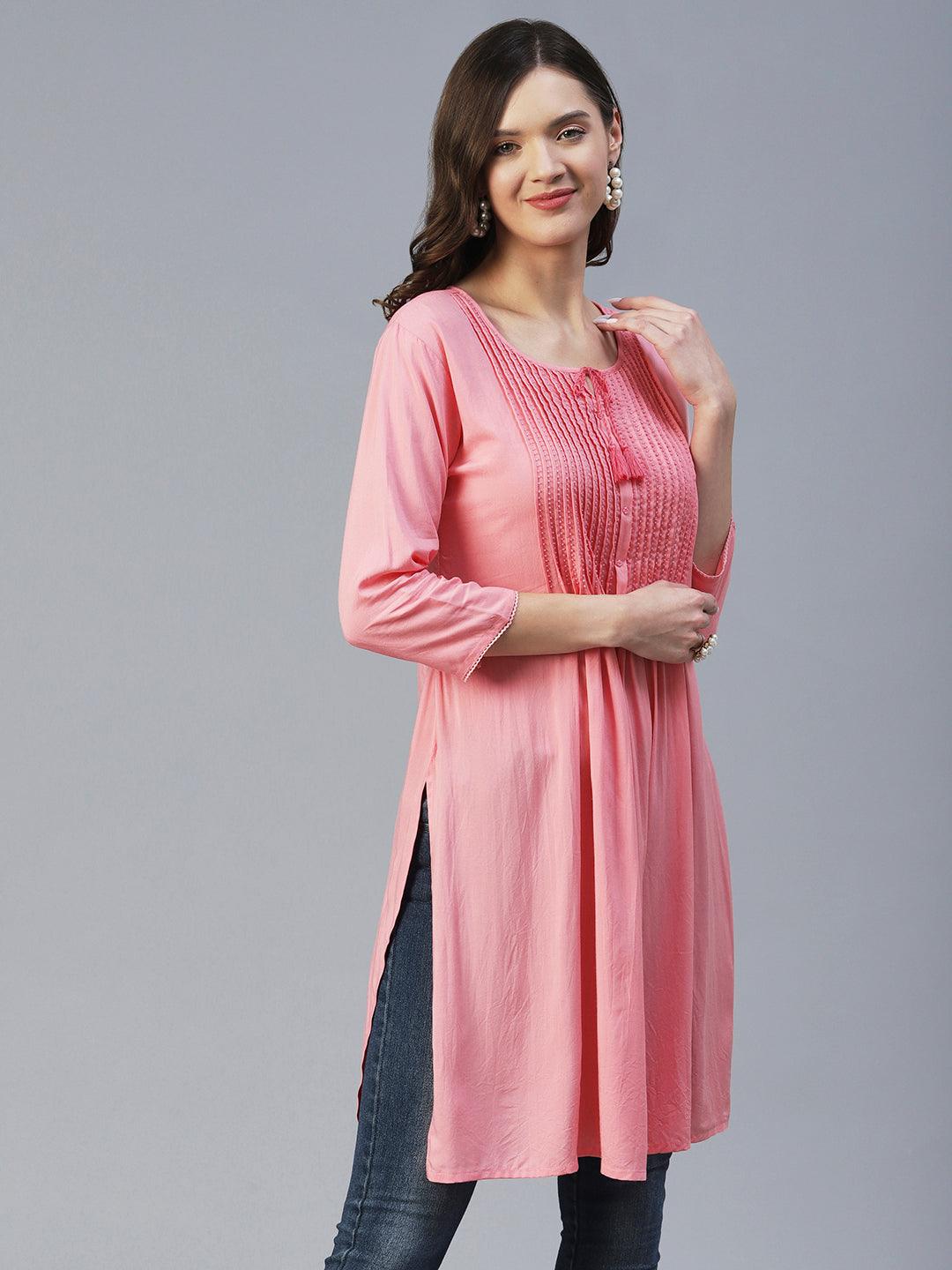 Solid Beads Embroidered Pin Tucks Kurta - Pink - Indiakreations