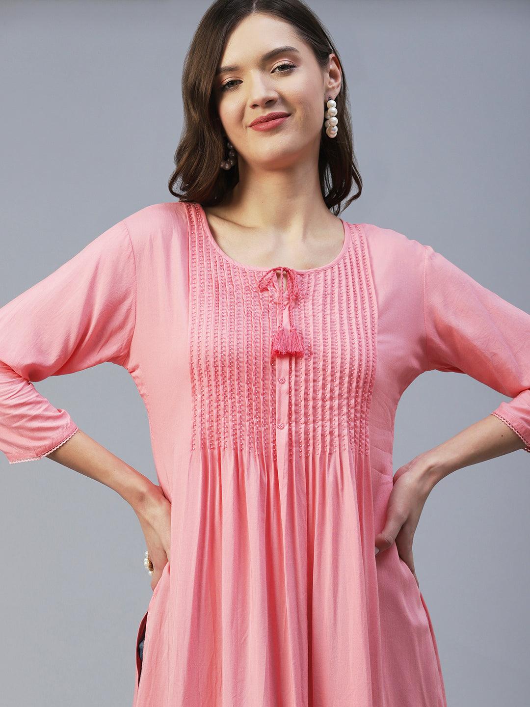 Solid Beads Embroidered Pin Tucks Kurta - Pink - Indiakreations