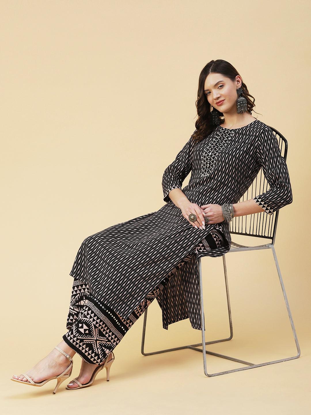 Ethnic Stripes Printed & Embroidered Straight Kurta with Palazzo - Black - Indiakreations