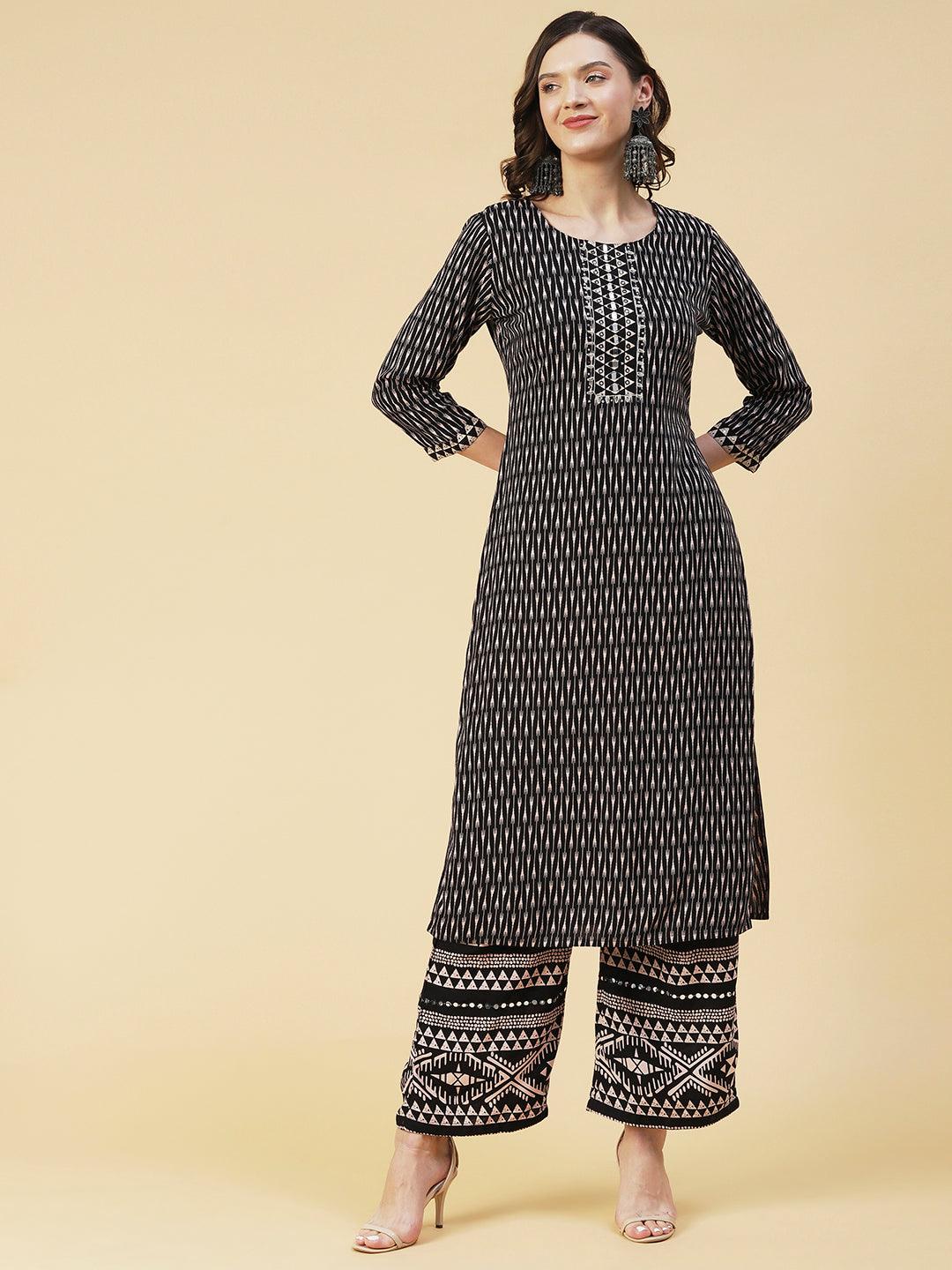 Ethnic Stripes Printed & Embroidered Straight Kurta with Palazzo - Black - Indiakreations