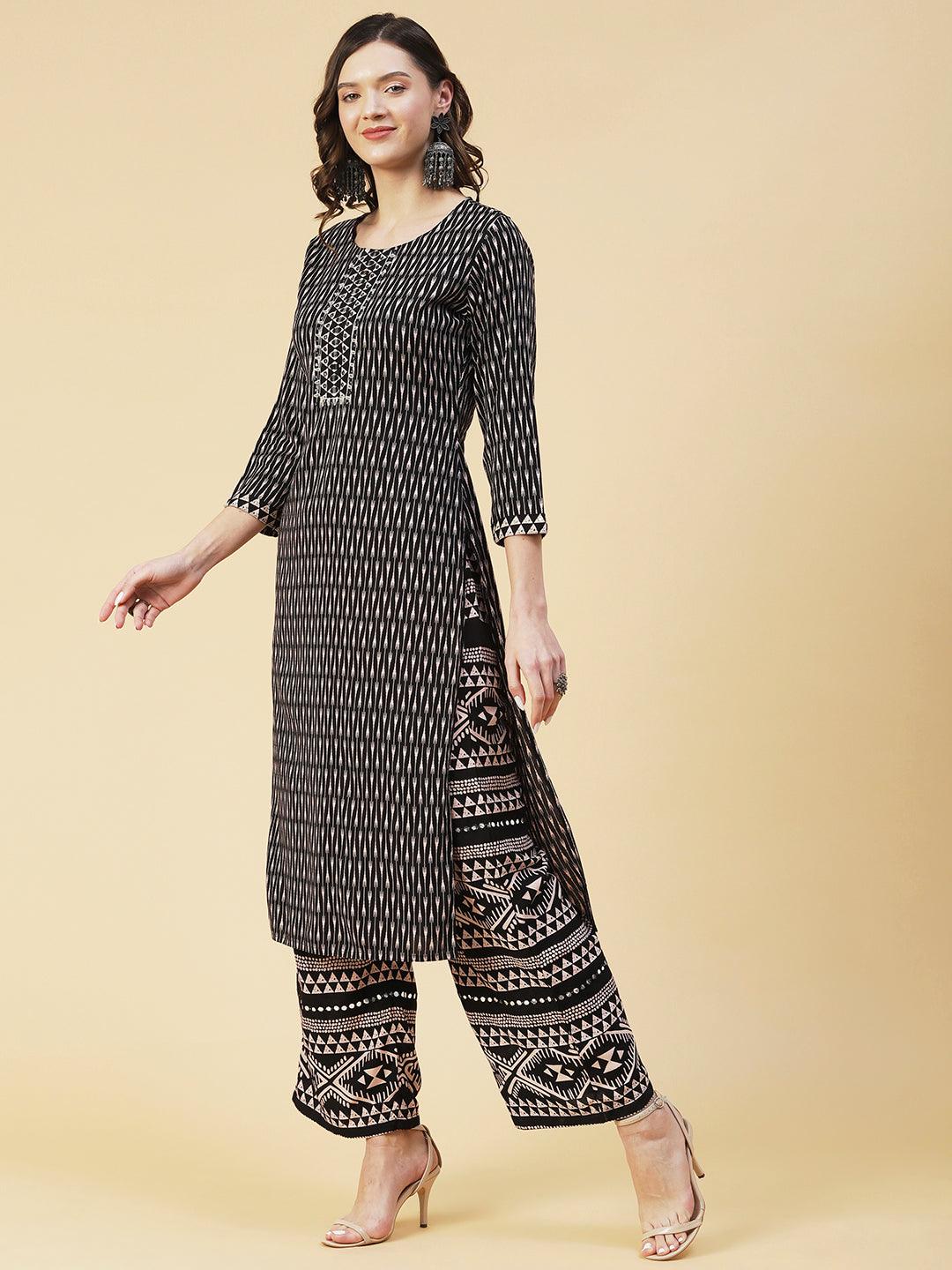 Ethnic Stripes Printed & Embroidered Straight Kurta with Palazzo - Black - Indiakreations