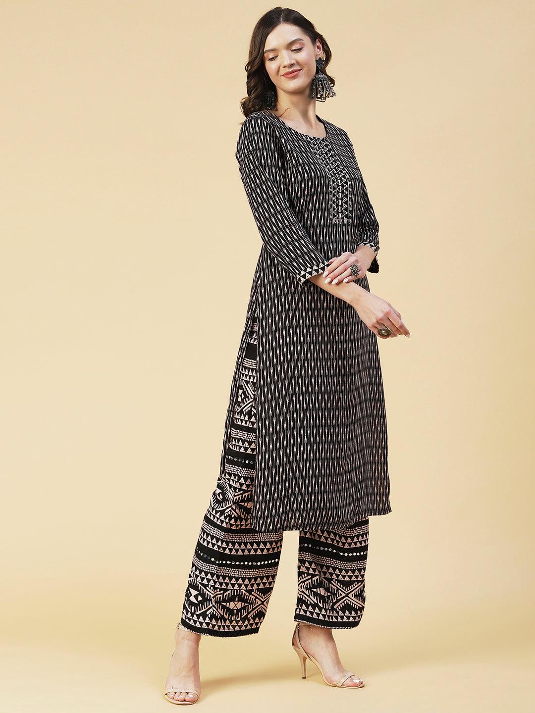 Ethnic Stripes Printed & Embroidered Straight Kurta with Palazzo - Black - Indiakreations