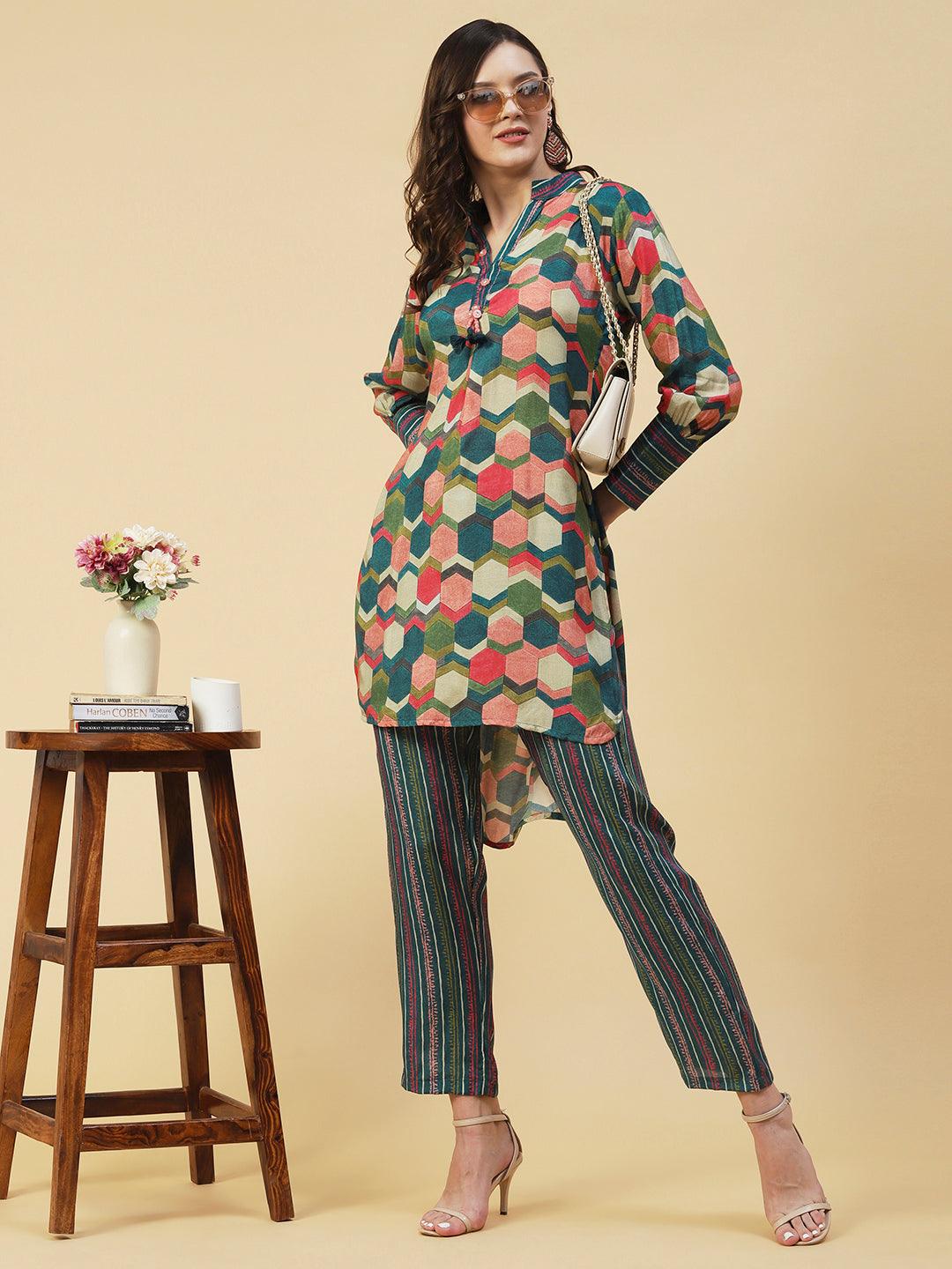 Geometric Printed Straight Fit High Low Kurta with Pant - Multi - Indiakreations