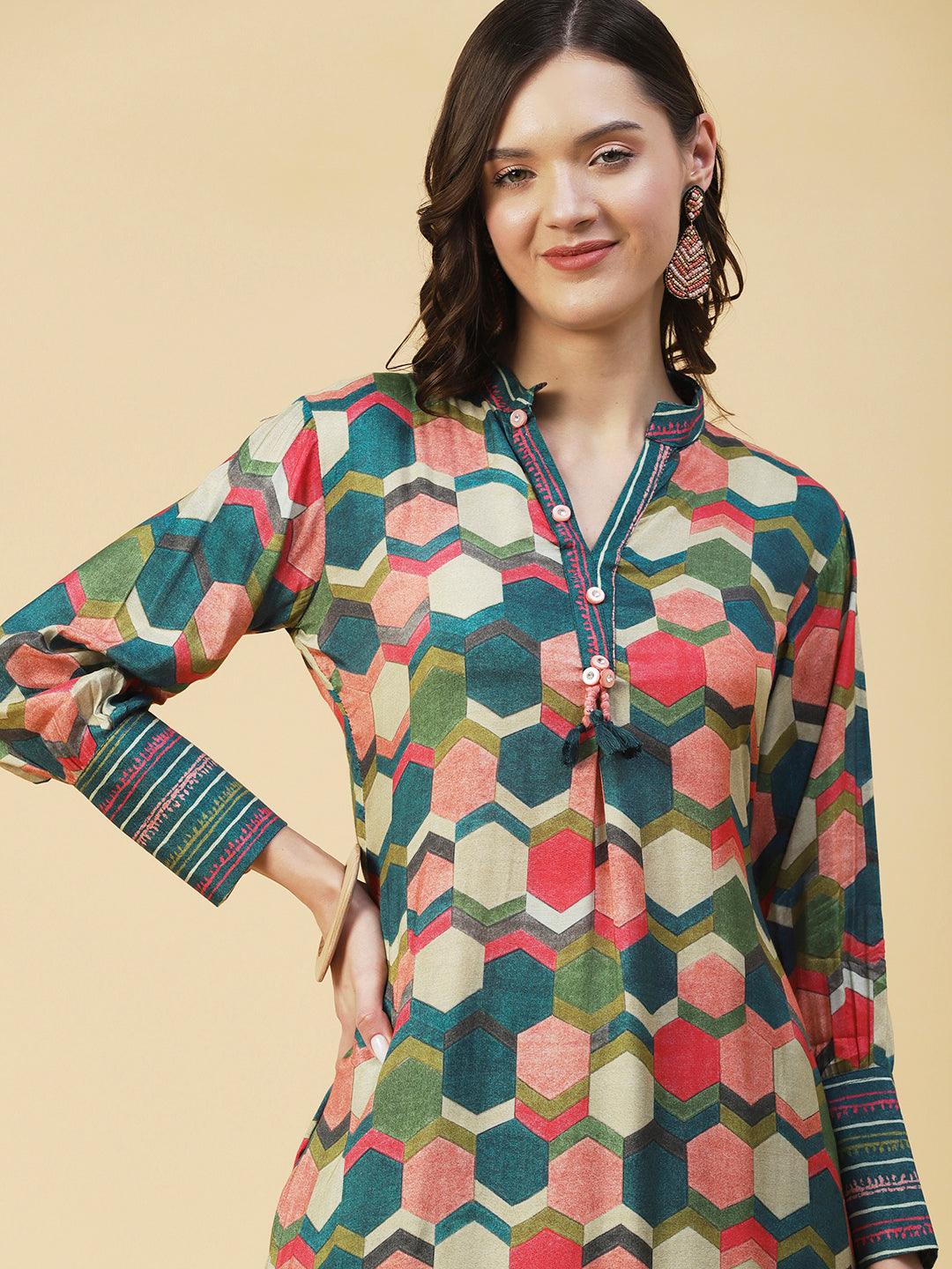 Geometric Printed Straight Fit High Low Kurta with Pant - Multi - Indiakreations