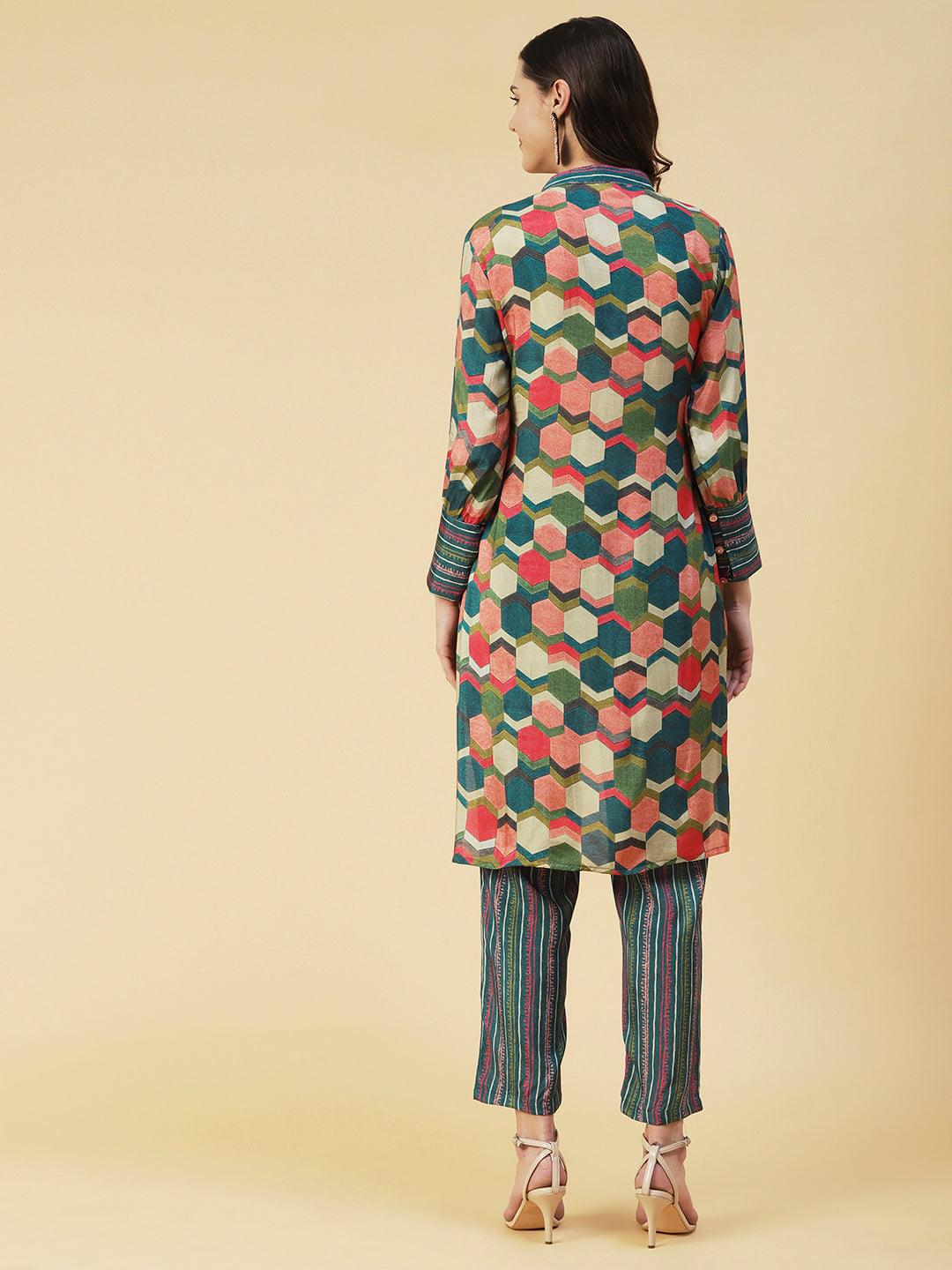 Geometric Printed Straight Fit High Low Kurta with Pant - Multi - Indiakreations