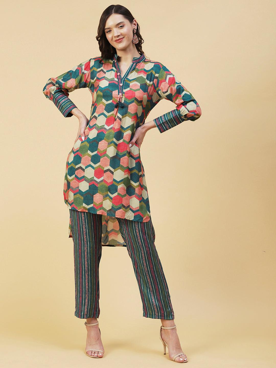 Geometric Printed Straight Fit High Low Kurta with Pant - Multi - Indiakreations