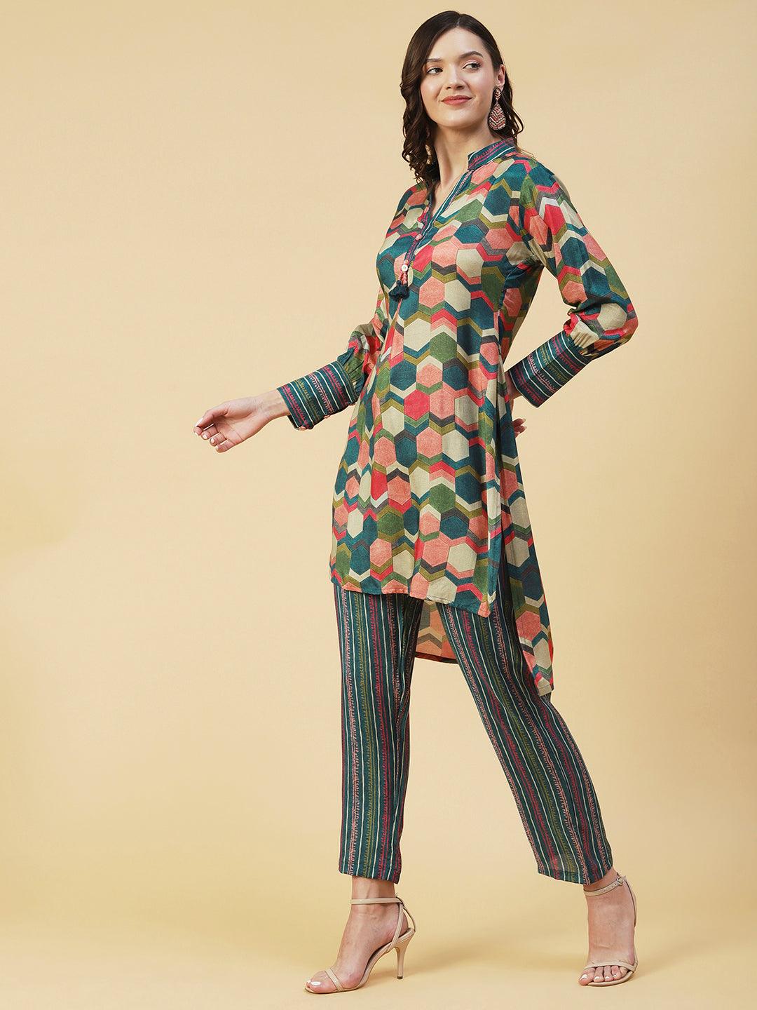 Geometric Printed Straight Fit High Low Kurta with Pant - Multi - Indiakreations