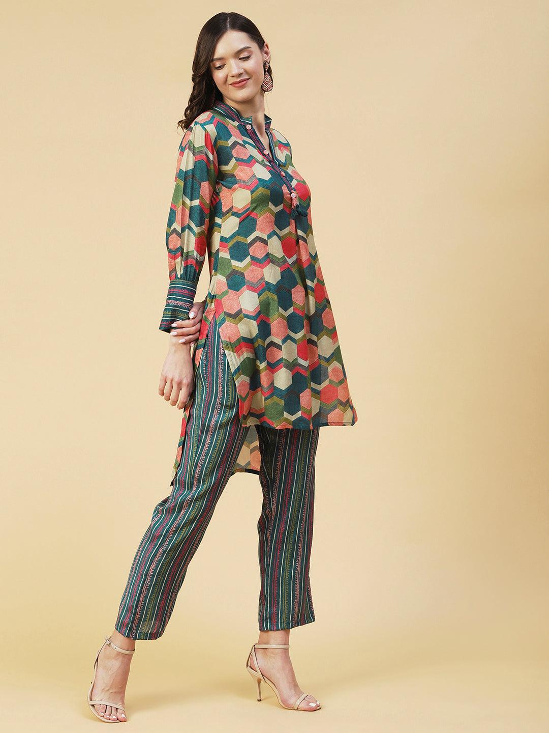 Geometric Printed Straight Fit High Low Kurta with Pant - Multi - Indiakreations