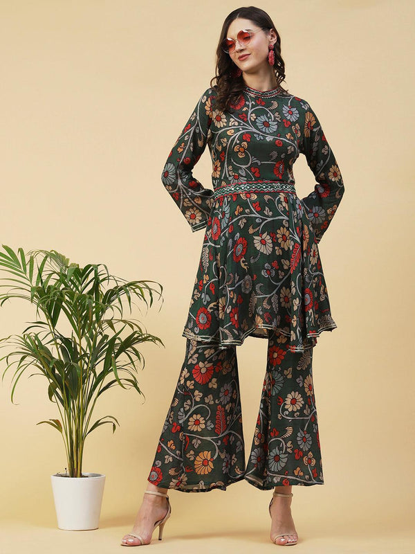 Ethnic Floral Printed & Embroidered A-Line Kurta with Palazzo - Green - Indiakreations