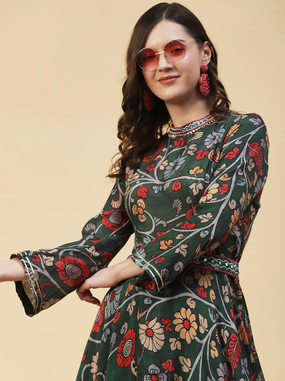 Ethnic Floral Printed & Embroidered A-Line Kurta with Palazzo - Green - Indiakreations