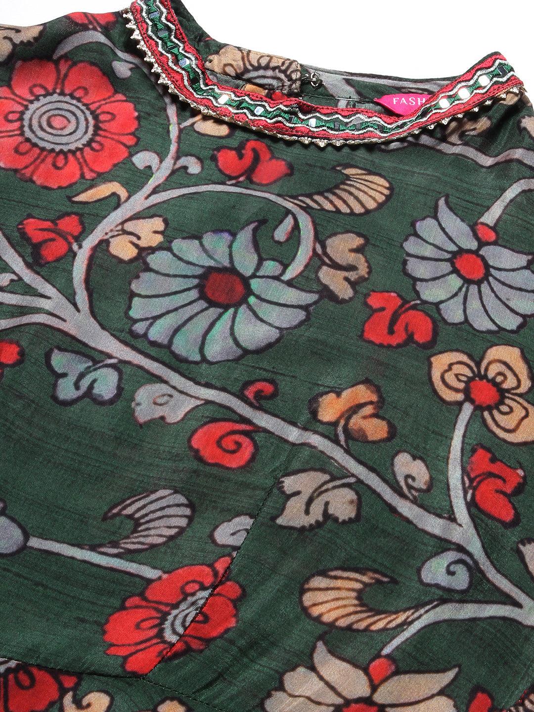 Ethnic Floral Printed & Embroidered A-Line Kurta with Palazzo - Green - Indiakreations