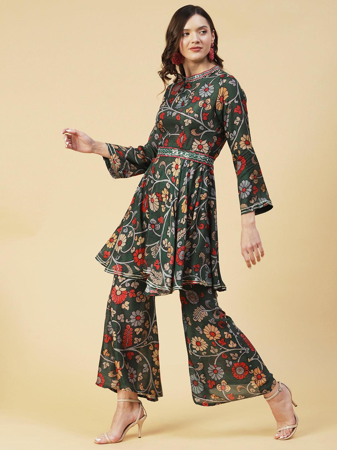 Ethnic Floral Printed & Embroidered A-Line Kurta with Palazzo - Green - Indiakreations