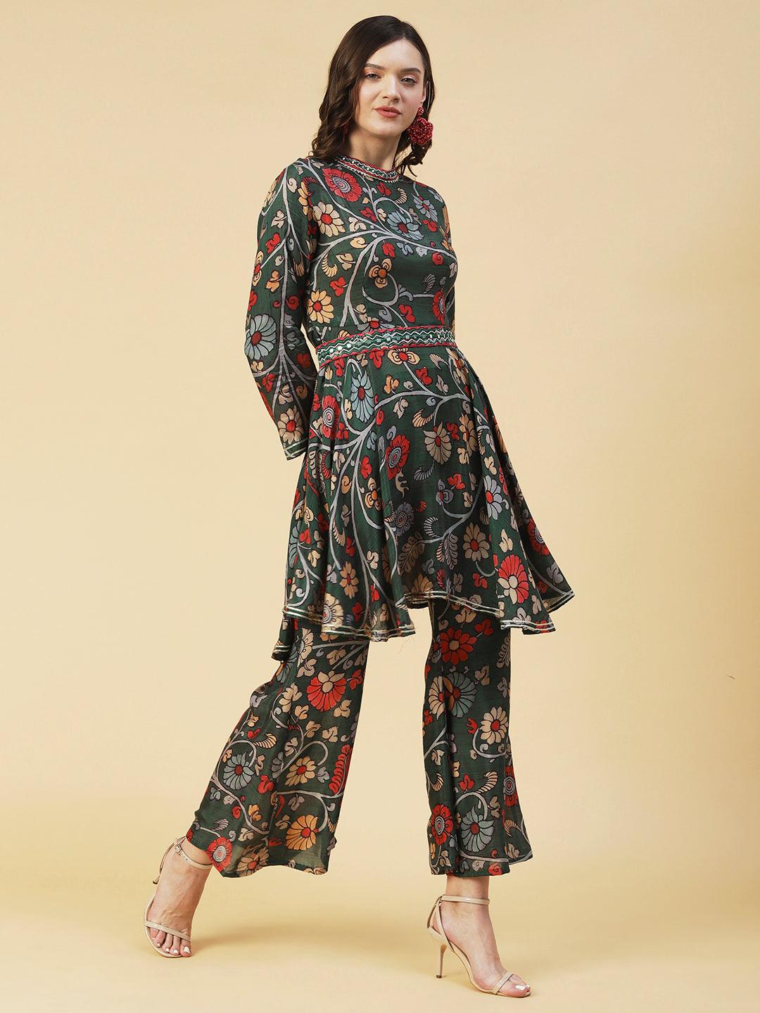 Ethnic Floral Printed & Embroidered A-Line Kurta with Palazzo - Green - Indiakreations