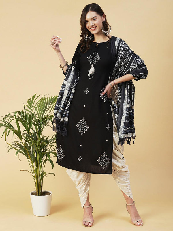 Ethnic Embroidered Straight Kurta with Ethnic Printed Dupatta - Black - Indiakreations