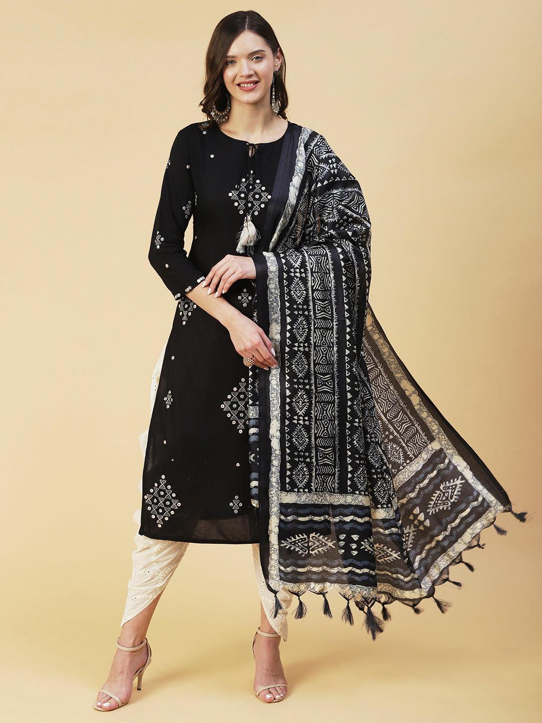 Ethnic Embroidered Straight Kurta with Ethnic Printed Dupatta - Black - Indiakreations