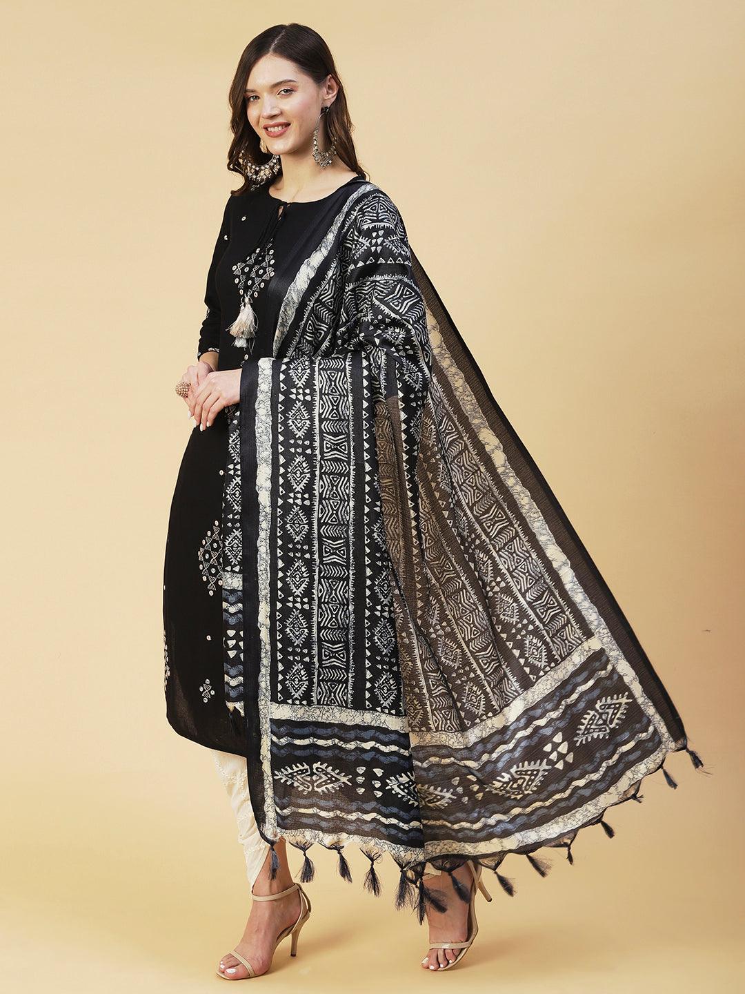 Ethnic Embroidered Straight Kurta with Ethnic Printed Dupatta - Black - Indiakreations