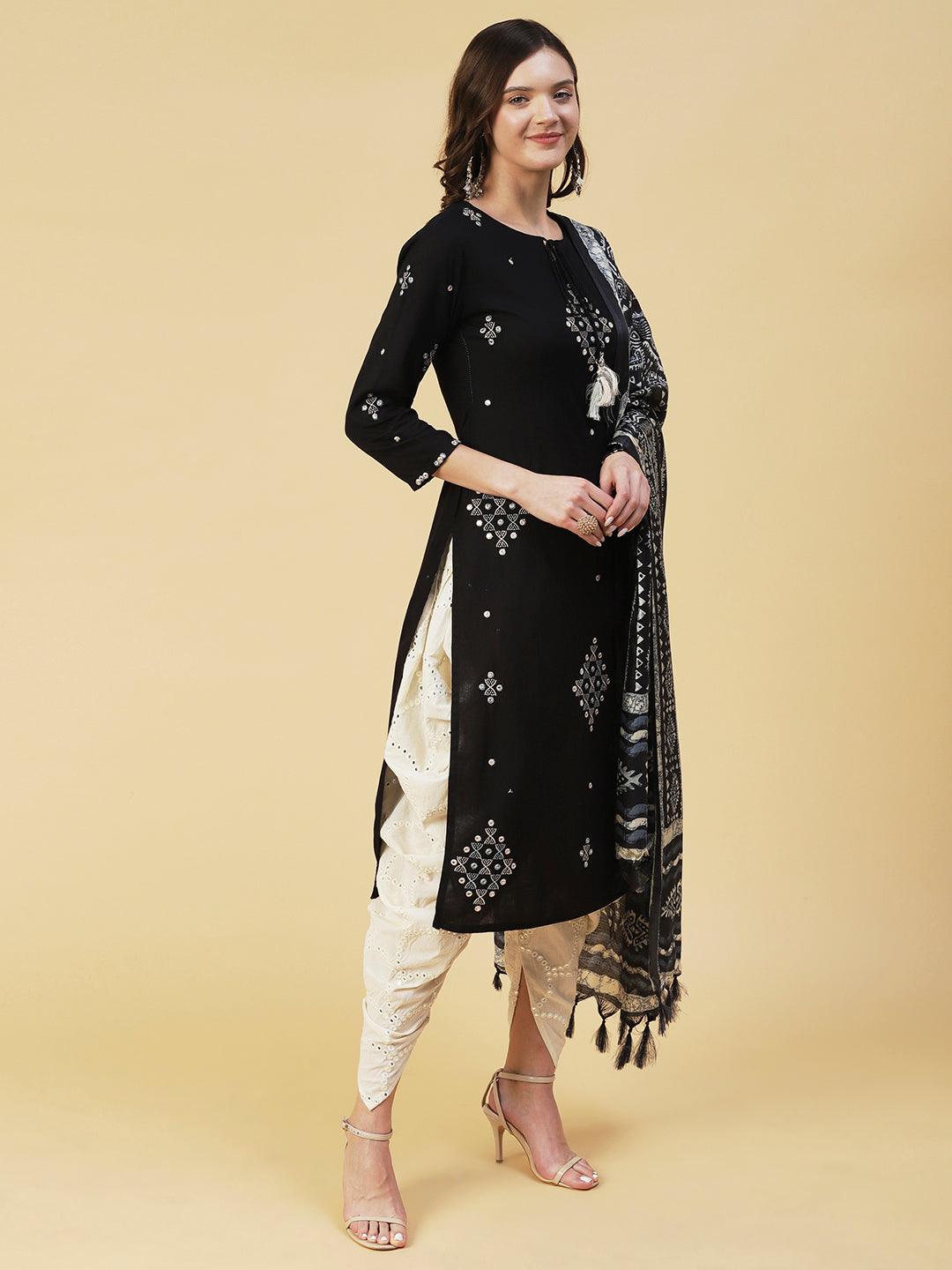 Ethnic Embroidered Straight Kurta with Ethnic Printed Dupatta - Black - Indiakreations