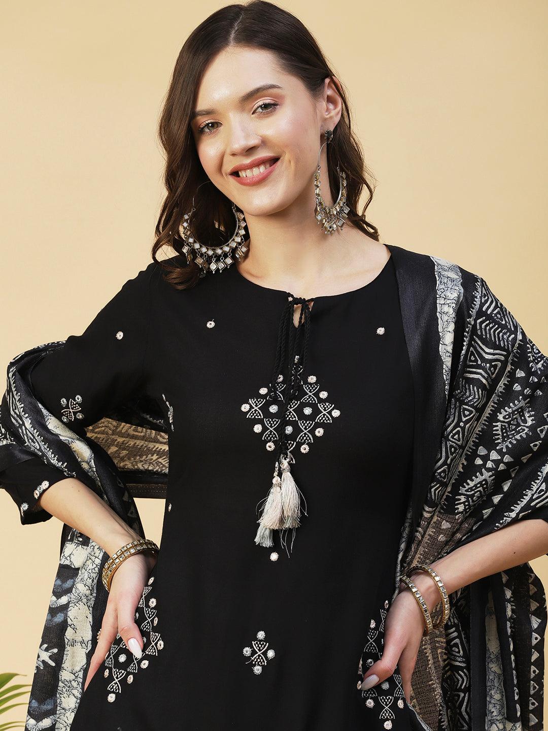 Ethnic Embroidered Straight Kurta with Ethnic Printed Dupatta - Black - Indiakreations