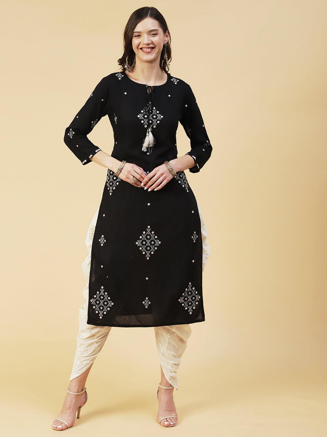 Ethnic Embroidered Straight Kurta with Ethnic Printed Dupatta - Black - Indiakreations