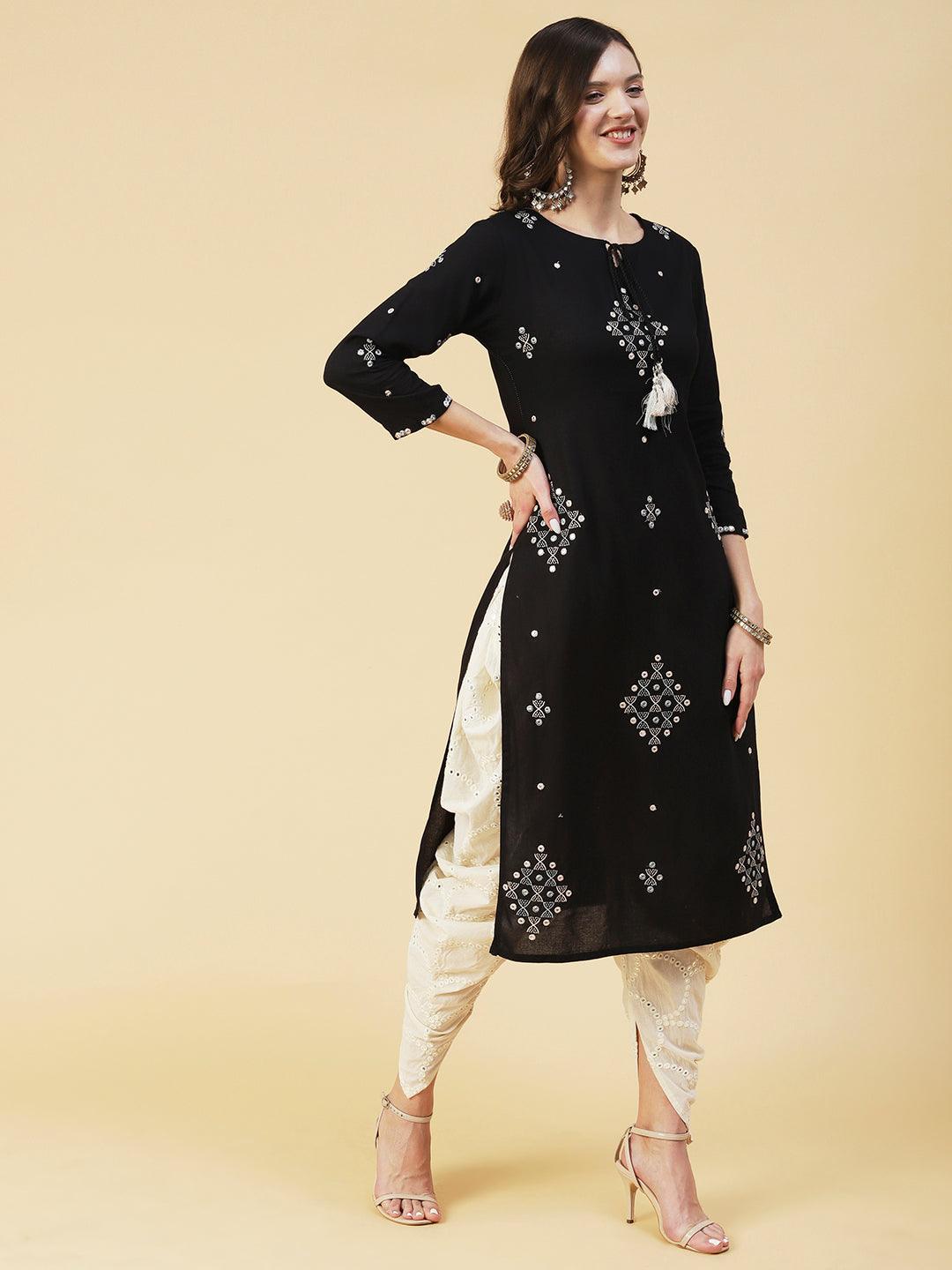 Ethnic Embroidered Straight Kurta with Ethnic Printed Dupatta - Black - Indiakreations