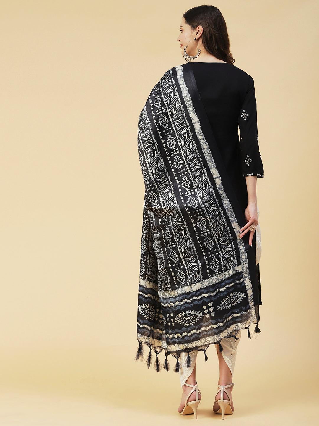 Ethnic Embroidered Straight Kurta with Ethnic Printed Dupatta - Black - Indiakreations